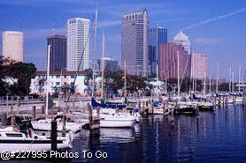 Skyline & boats docked in harbor